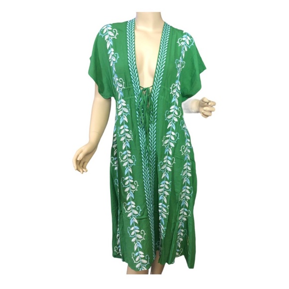 Curations Embroidered Gauze Kaftan Topper / Cover-Up in Green and White — BNWT! - Picture 4 of 6